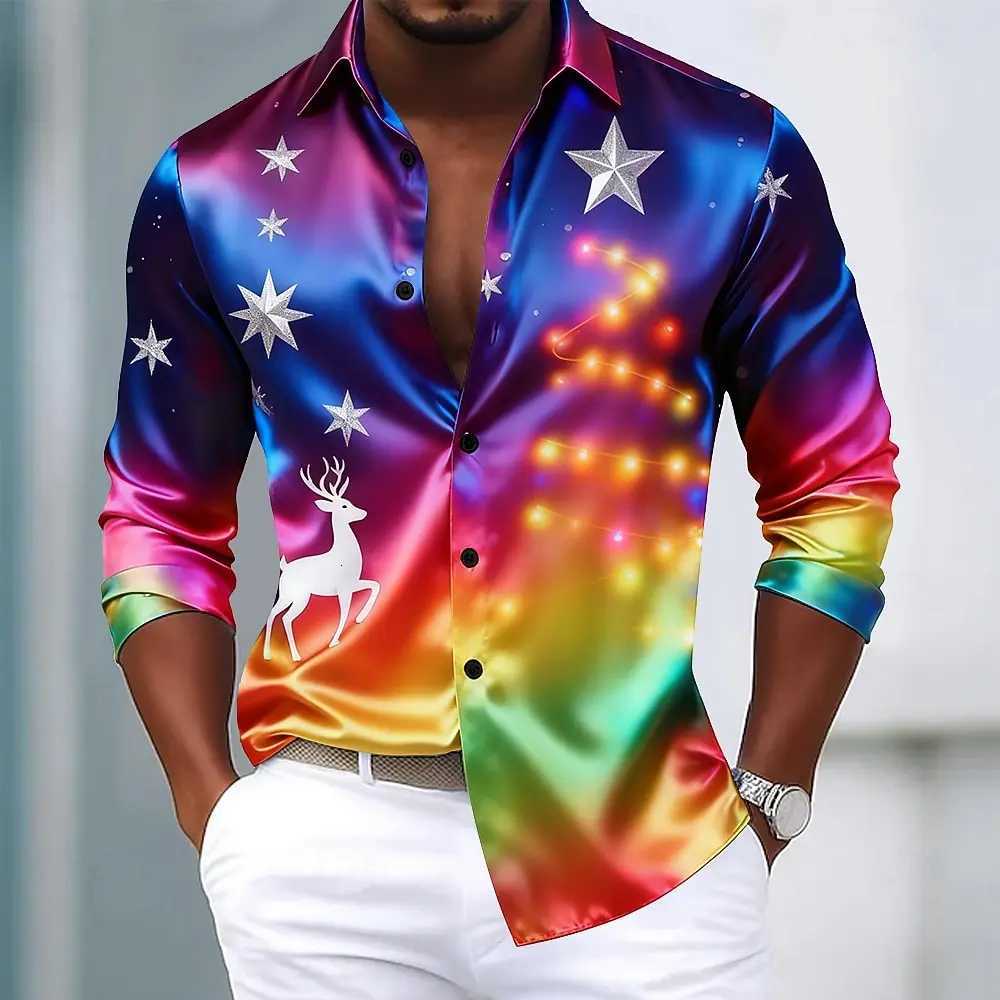 Christmas Mens Stars Gradient Color Christmas Light Shirt Dress Shirt Long Sleeve Fashion Casual Outdoor Party Holiday Spring K251110