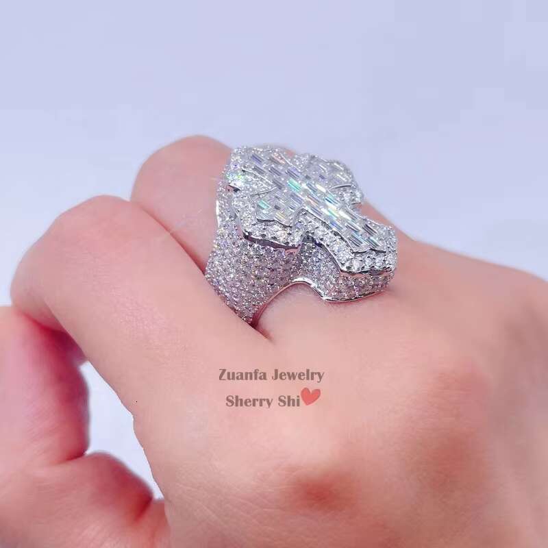 Solid Silver Christian Religious Men Hip Hop Iced Out Moissanite Diamond Cross Finger Ring