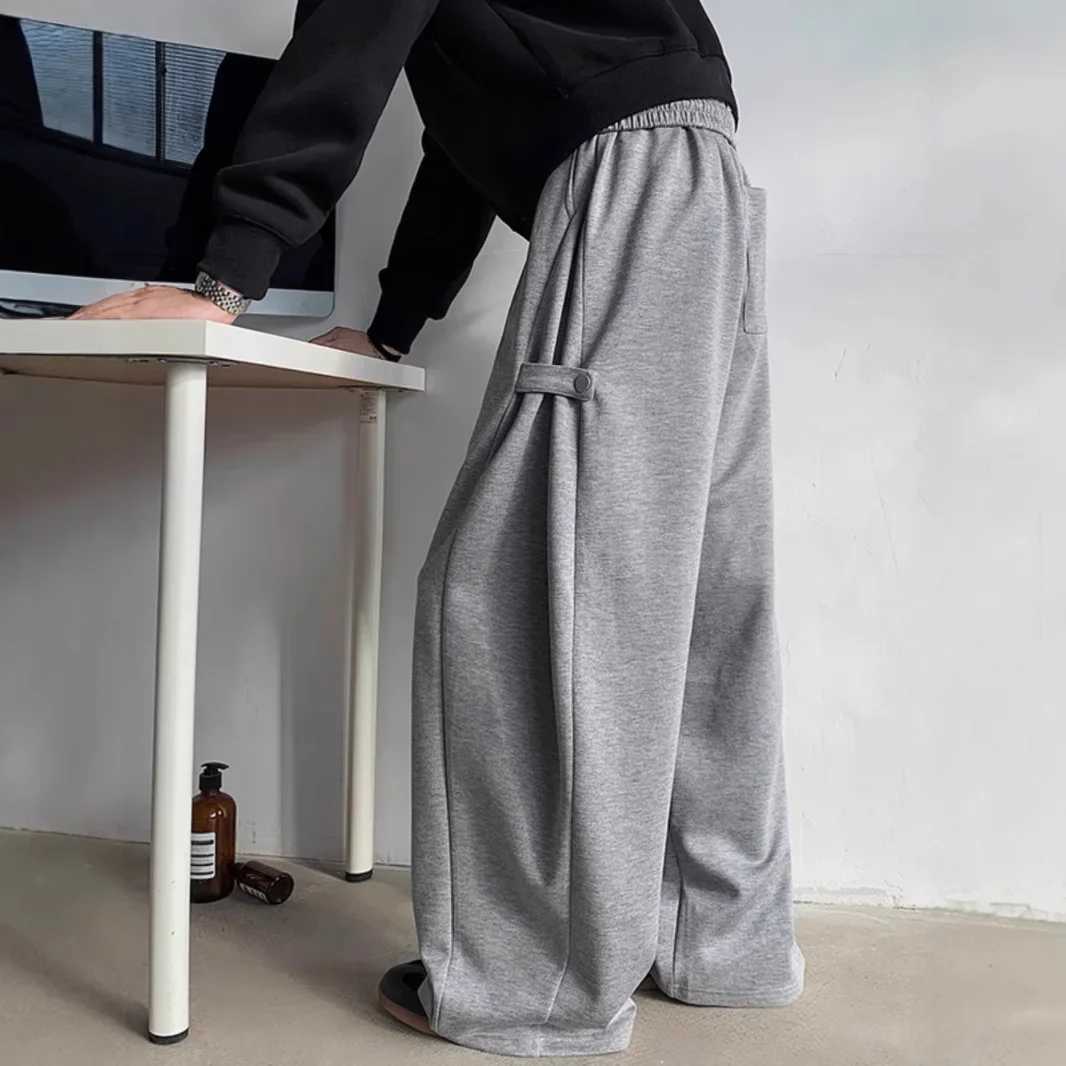 Grey heavy-duty mens pants spring/summer American style streetwear straight leg wide leg drawstring casual sports pantsXJ250410