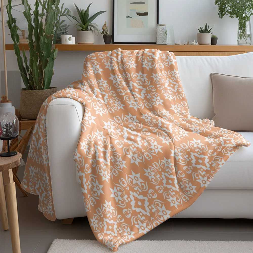 Orange Floral Print Fleece Blanket Soft Warm Throw Blanket Bed Sofa Cover Decorative Gift C251111