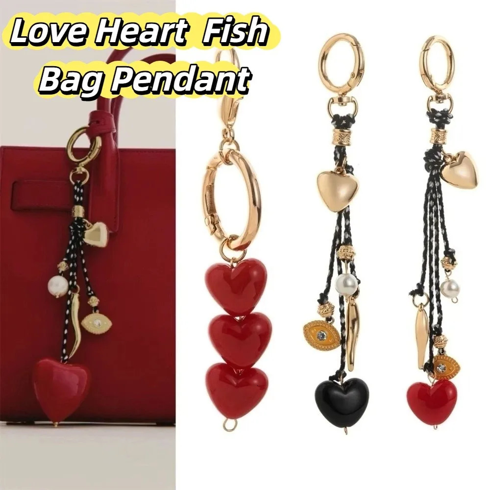 Ins Style Cute Love Heart Bag Pendant Pearl Braided Rope Fish Shape Key Chain Rhinestone Elegant Bag Hanging Ornaments Car Key 251110