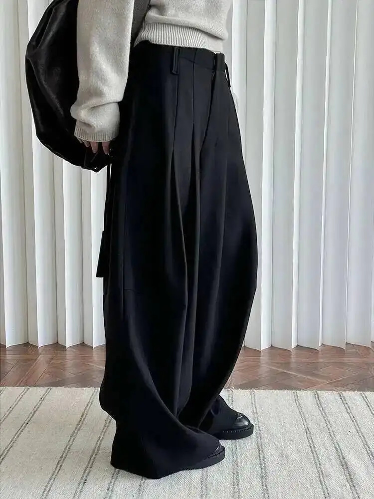 LANMREM 2025 Winter Thick Warm Pants For Women High Waist Pleated Wide Leg Trousers Office Lady Clothes Minimalism 26C967 251105