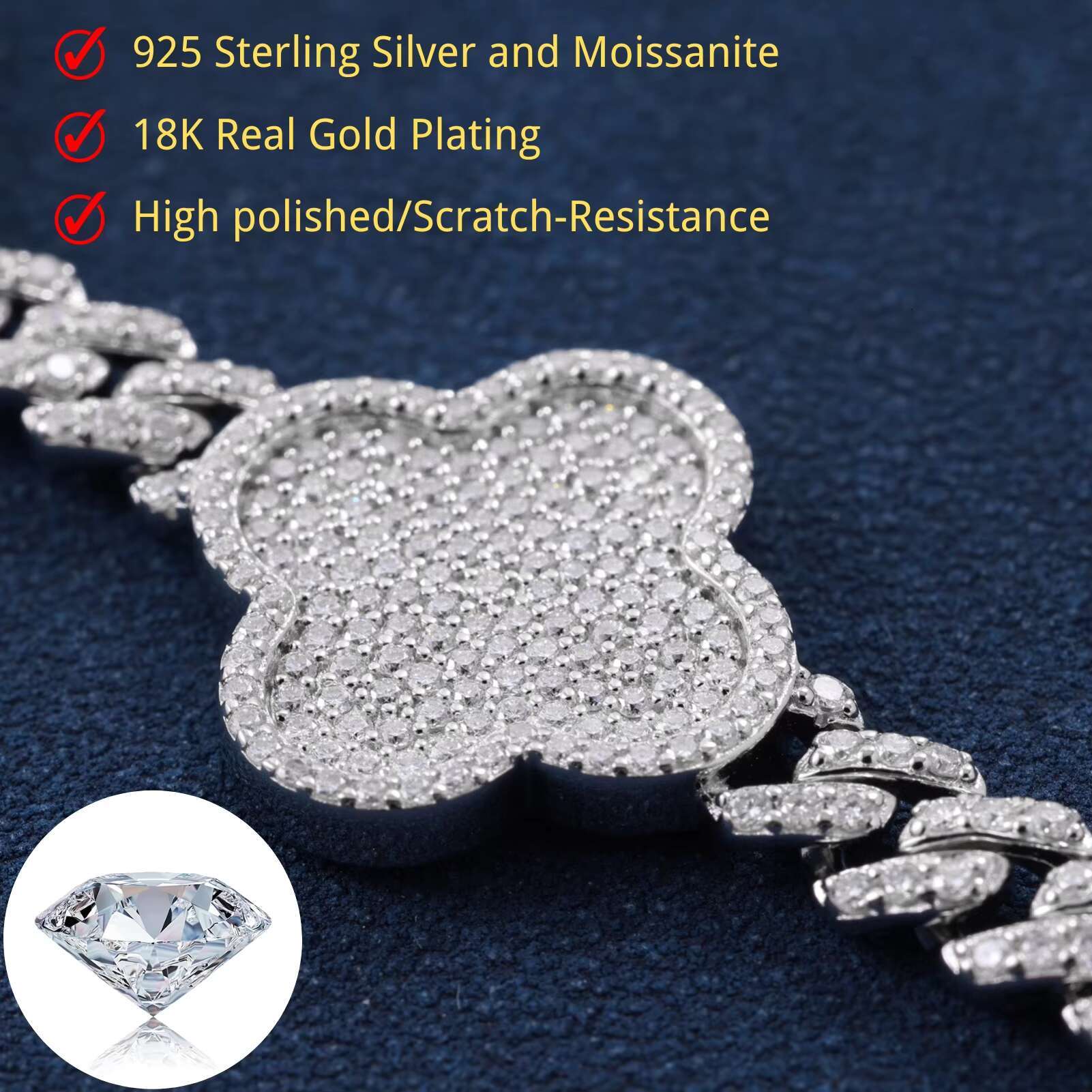Hot Selling 16mm Clover Bracelet Full Diamond VVS D Moissanite 925 Sterling Silver Bangle Iced Out Hip Hop Jewelry