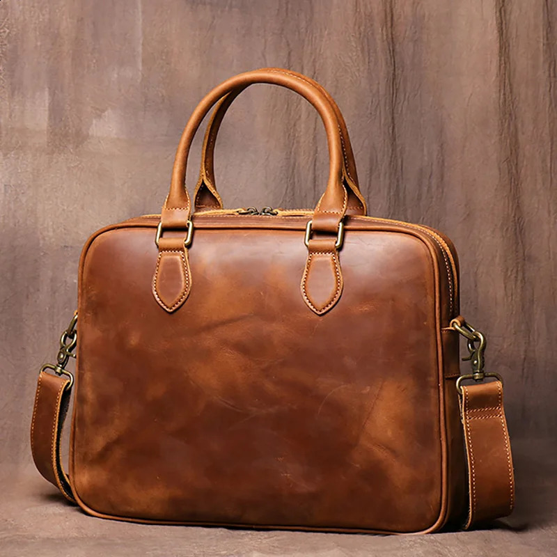 Vintage mens leather briefcase high-quality cross body bag business brown handbag messenger bag mens notebook bag 250410