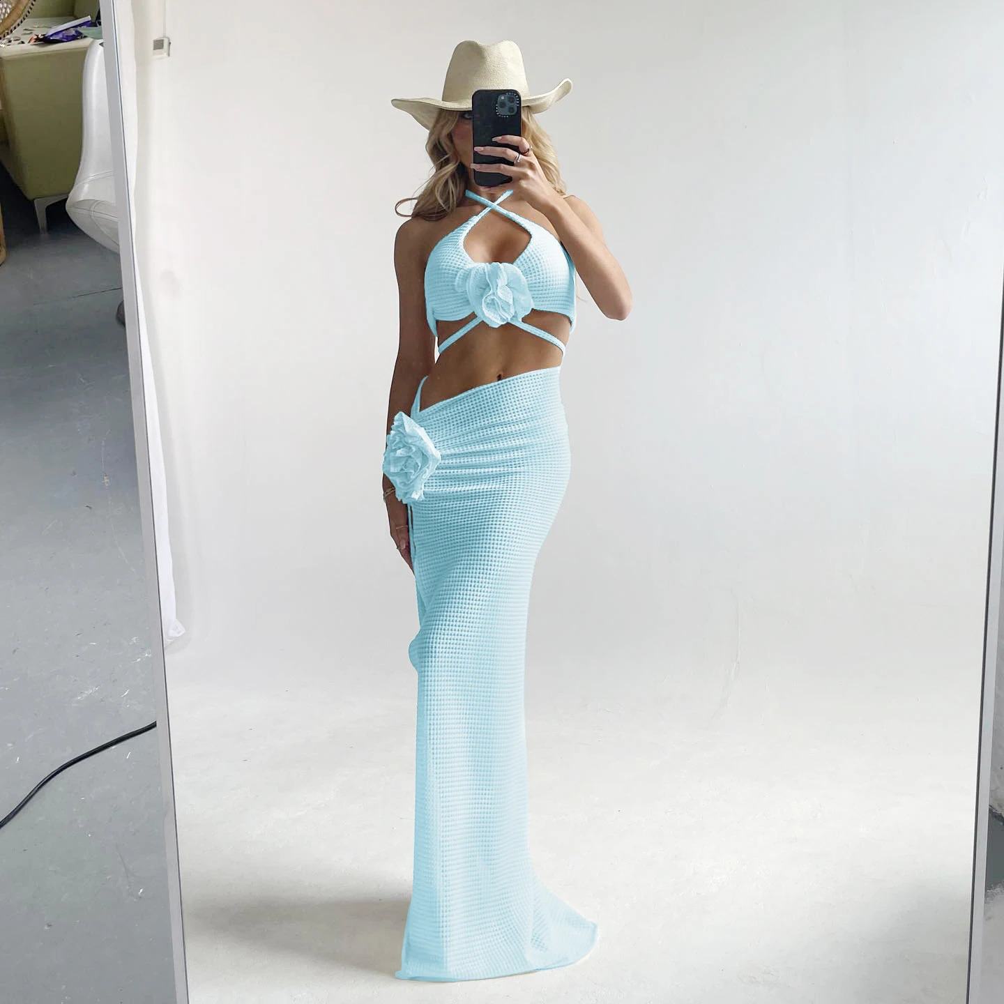 2025 3pack Bikini with Beach Skirt Swimwear Women 3D Flower Swimsuit Halter Bathing Suit Beachwear Bikini Set Biquini 250410
