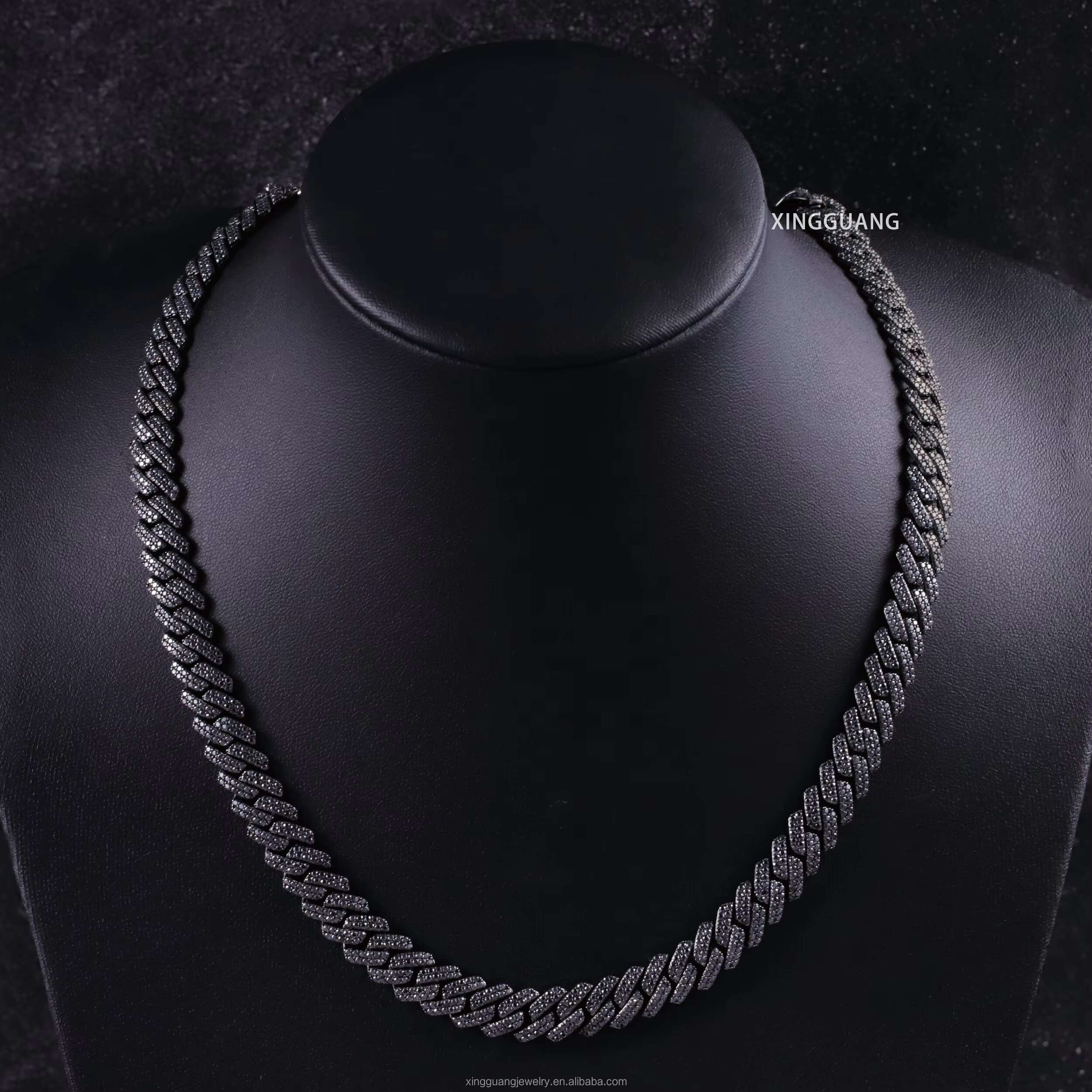 Popular VVS Black Diamond Chain for Men 2rows 10mm 12mm S925 Black Plated Iced Out Moissanite Cuban Link Chain Hip Hop Necklace