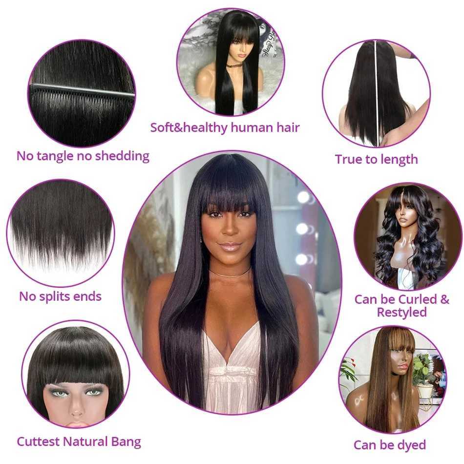 Bone Straight Human Hair Wig With Bangs For Women 30 Inch Brazilian 3x1 Lace Wigs Glueless Wig Human Hair Natural Black ColorT251111