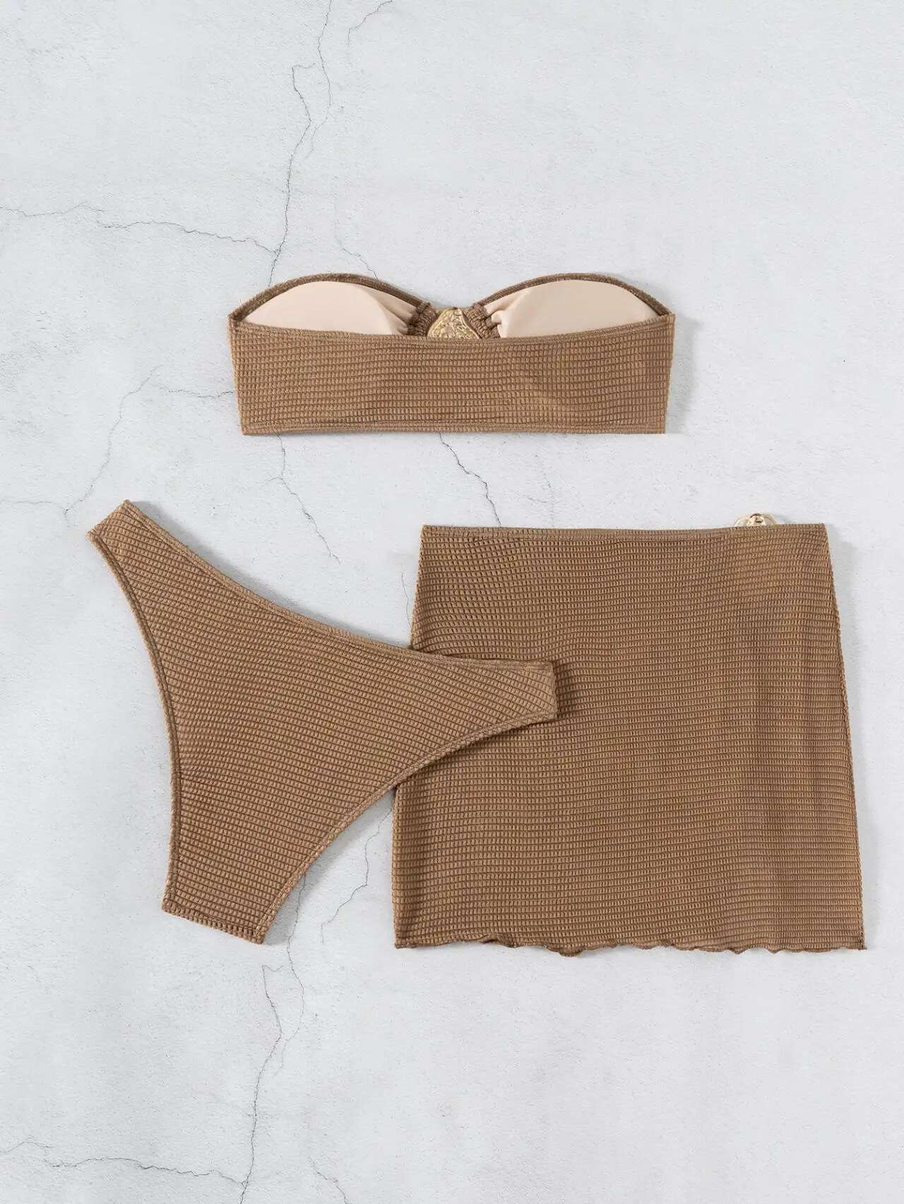 Sexy Bandeau Bikini Women Coffee Metal Water Droplet Ornament Push Up Mesh Skirt 3 Piece Swimsuit Beach Bathing Suit Swimwear