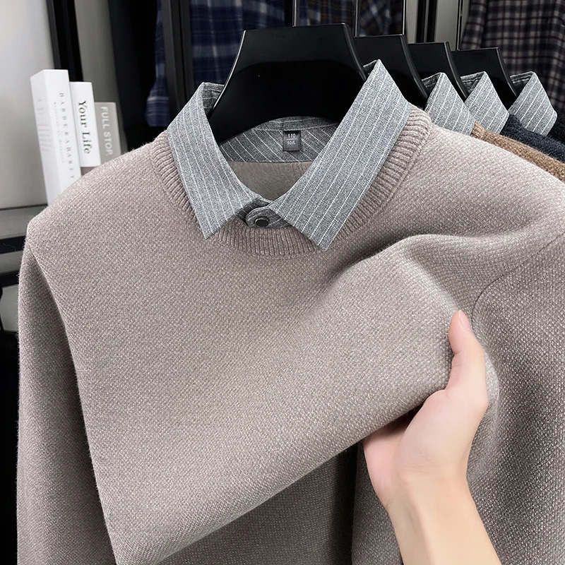2025 Autumn and Winter Fashionable Mens Business Wear with A Lapel Lined Sweater An Inner Knitted Shirt 251104