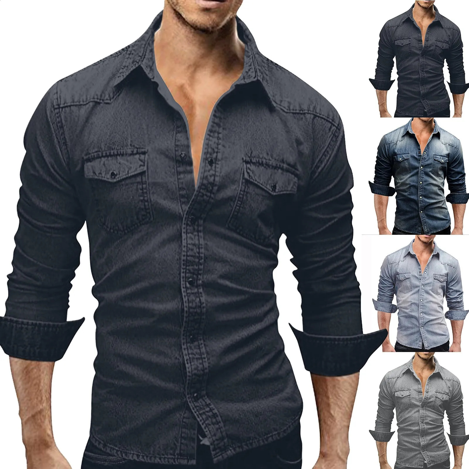 Mens autumn fashion clothing casual long sleeved lapel shirt solid color denim wash mens top 250411e