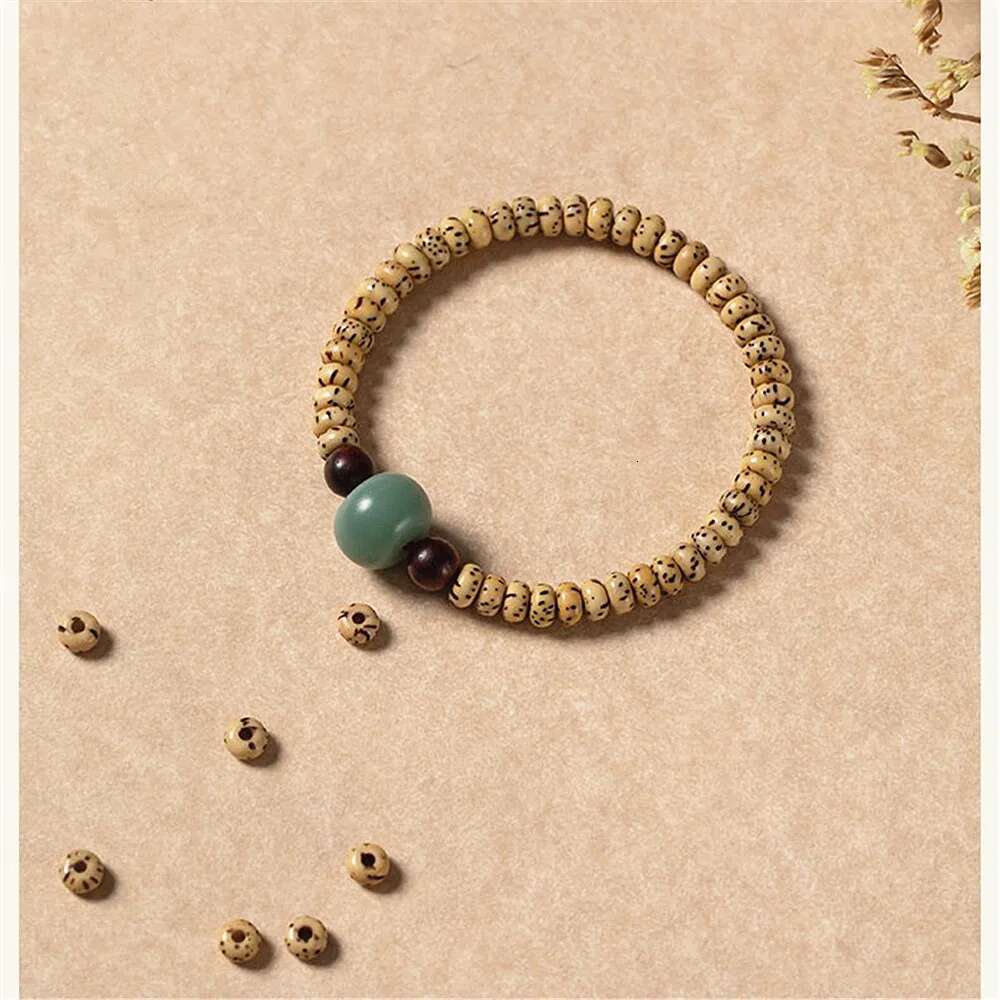 Natural Star Moon Beaded Weathered Green Bodhi Barrel Beads Red Sandalwood Bracelet Buddhist Yoga Jewelry