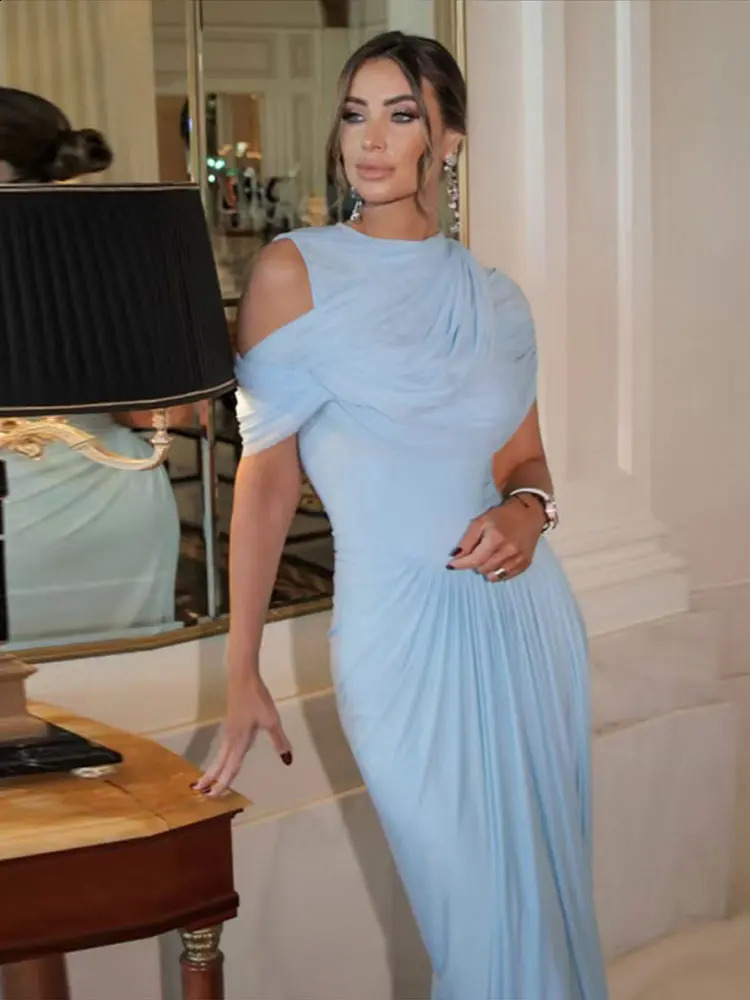 Elegant Shawl Pleated Long Dress Women Asymmetrical Hallow Out Slim Solid Long Dresses 2025 Summer Lady Evening Light Blue Gown 250409