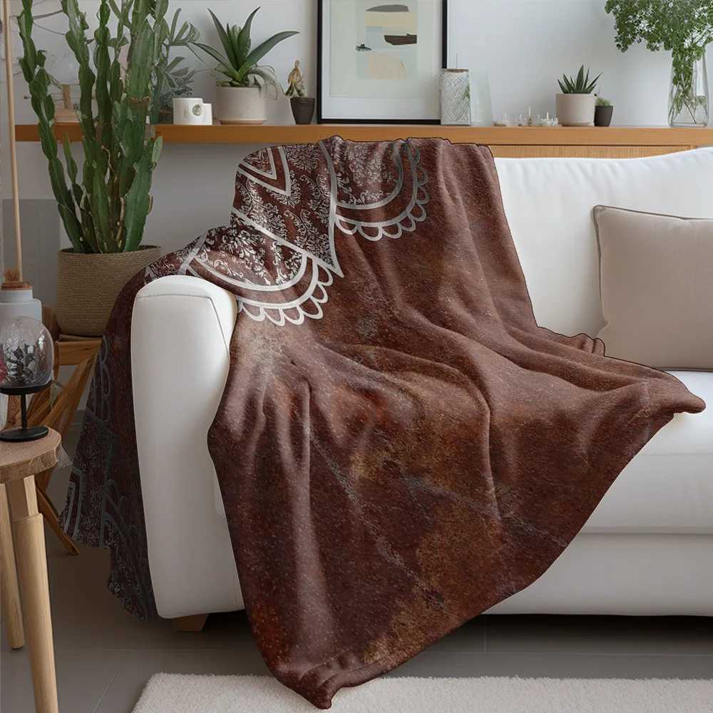 Vintage Ethnic Boho Throw Blanket with Paisley Floral Damask Pattern Dark Red Brown Sofa Bed Cover C251111