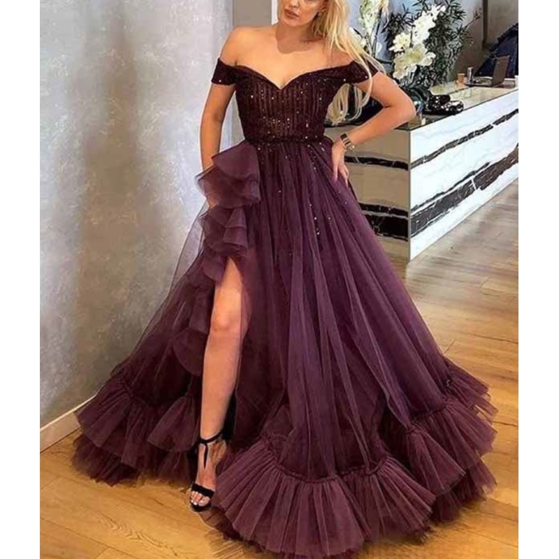 Chic Burgundy Ruffle Off-Shoulder Prom Dress with Side Slit 2025 Sparkling Sequins Long Evening Gown for Special Events
