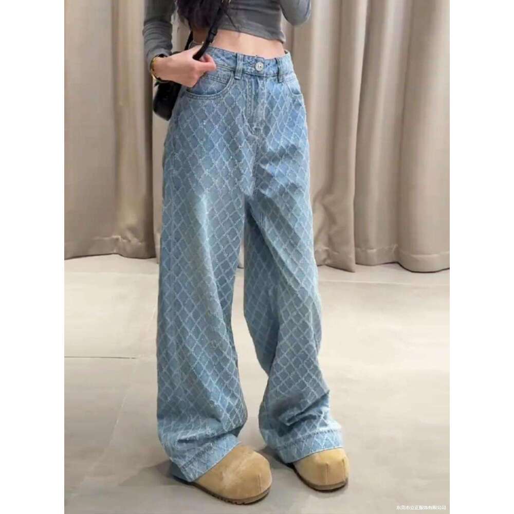 Designer clothing Designer clothing European early spring new high waisted hanging wide leg pants for women, worn diamond grid loose floor pants, blue