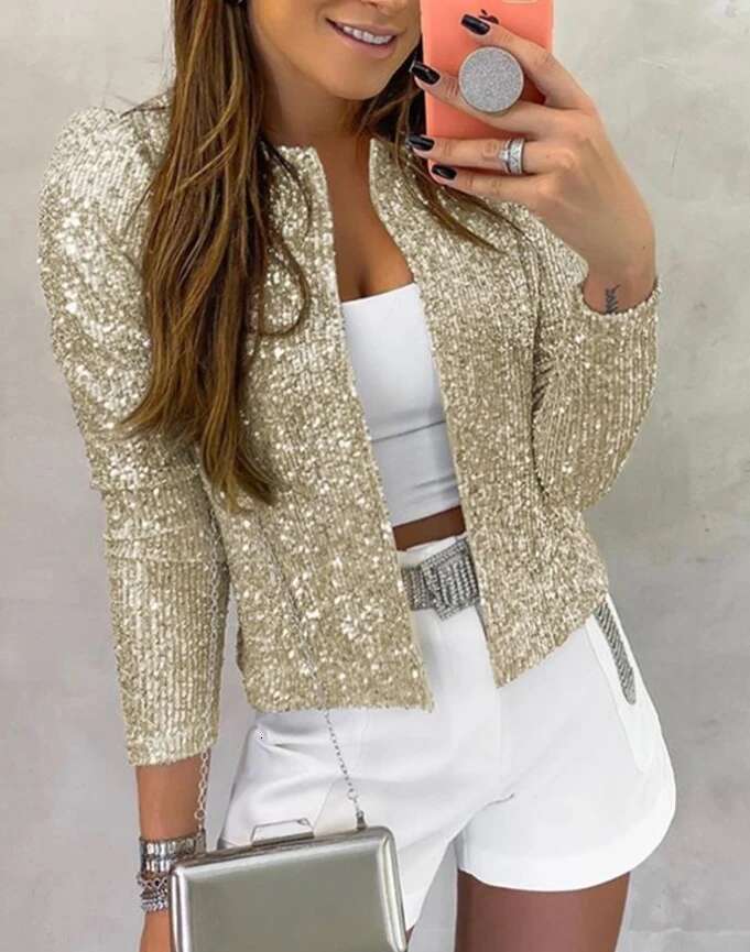 Autumn Winter Fashion Women's Long Sleeved Jacket With Round Neck And Full Sequin Design Short Personalized Slim Fit Coat