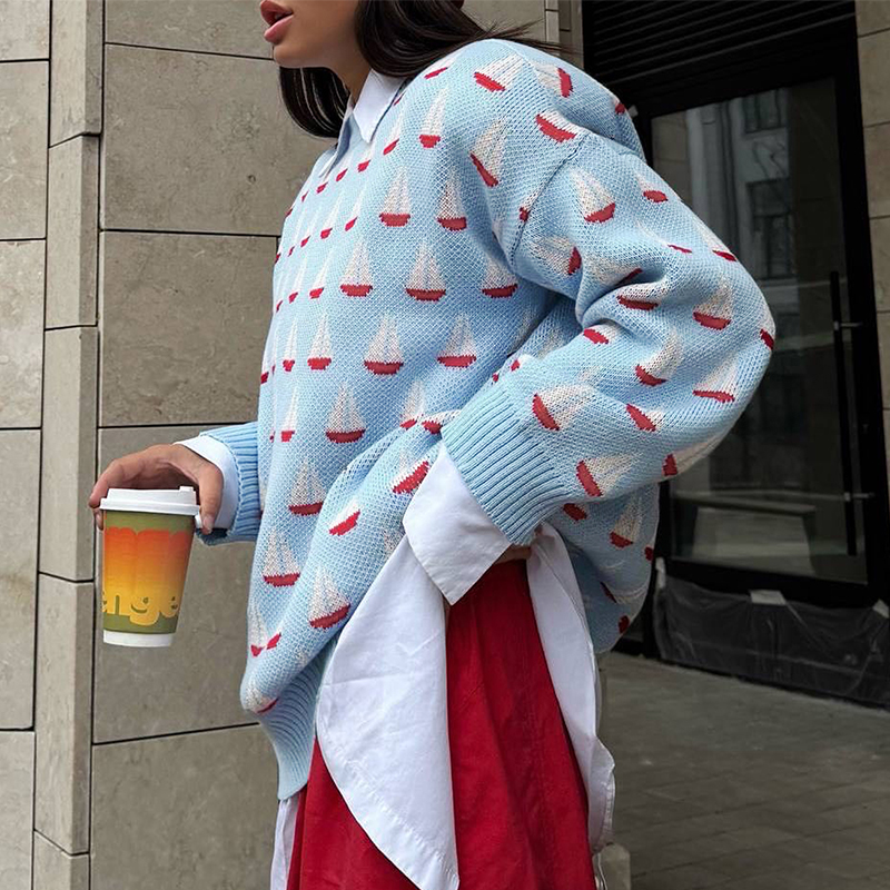 Women's color clashing pullover sweater fall and winter casual style, street style sweater, fashionable and versatile hot women's clothing, 