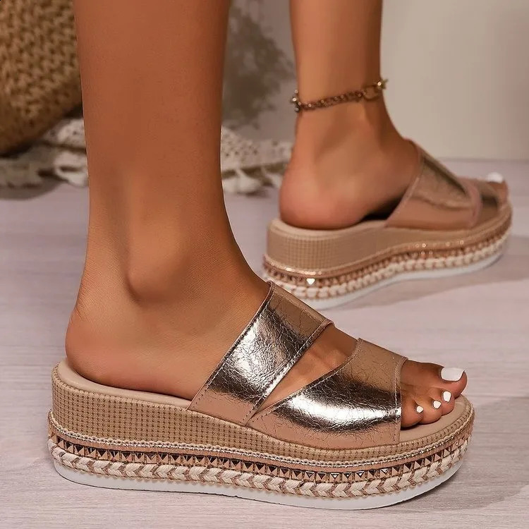 Summer Fashion Roman Open Wedge Sandals for Women Plus Size 43 Gold Thick Bottom High Heel Slippers 250408