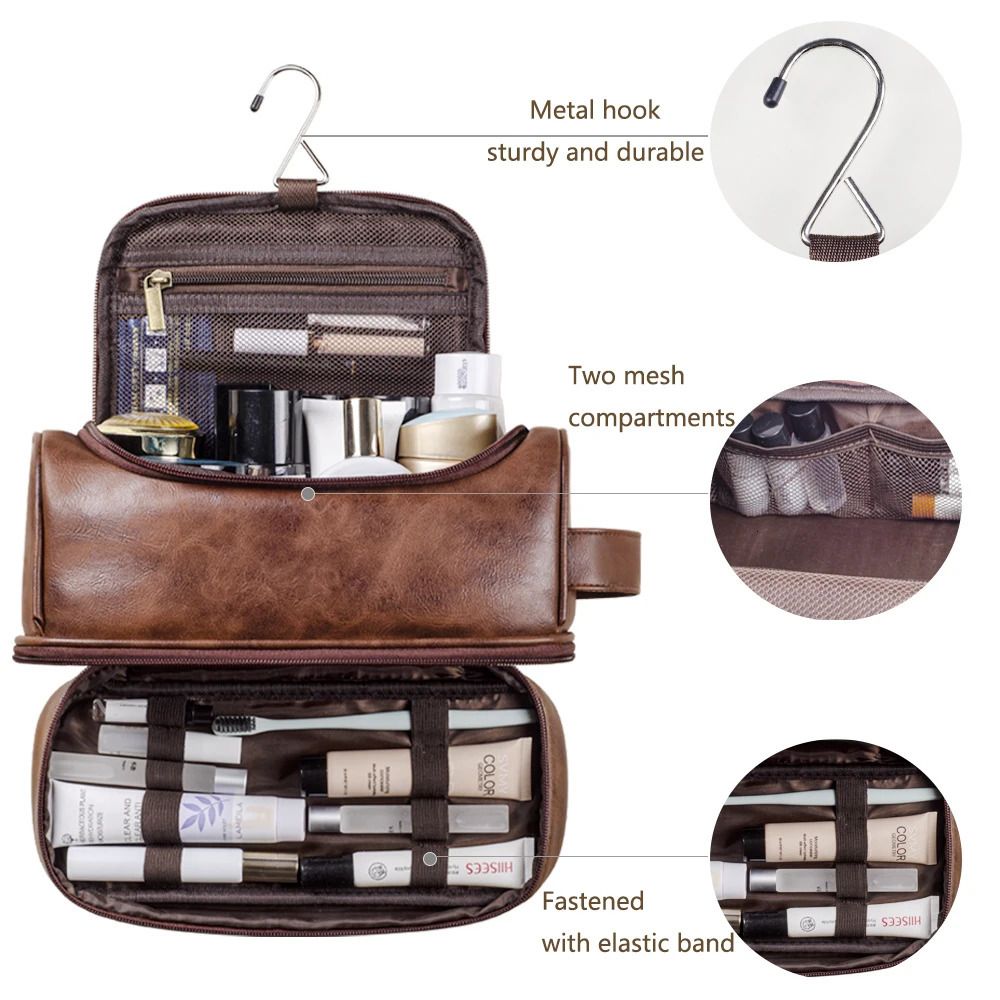 Large Toiletry Cosmetic for Men Women Leather Travel with Hanging Hook Toiletries Bathroom Shaving Bags 251119 - view 4