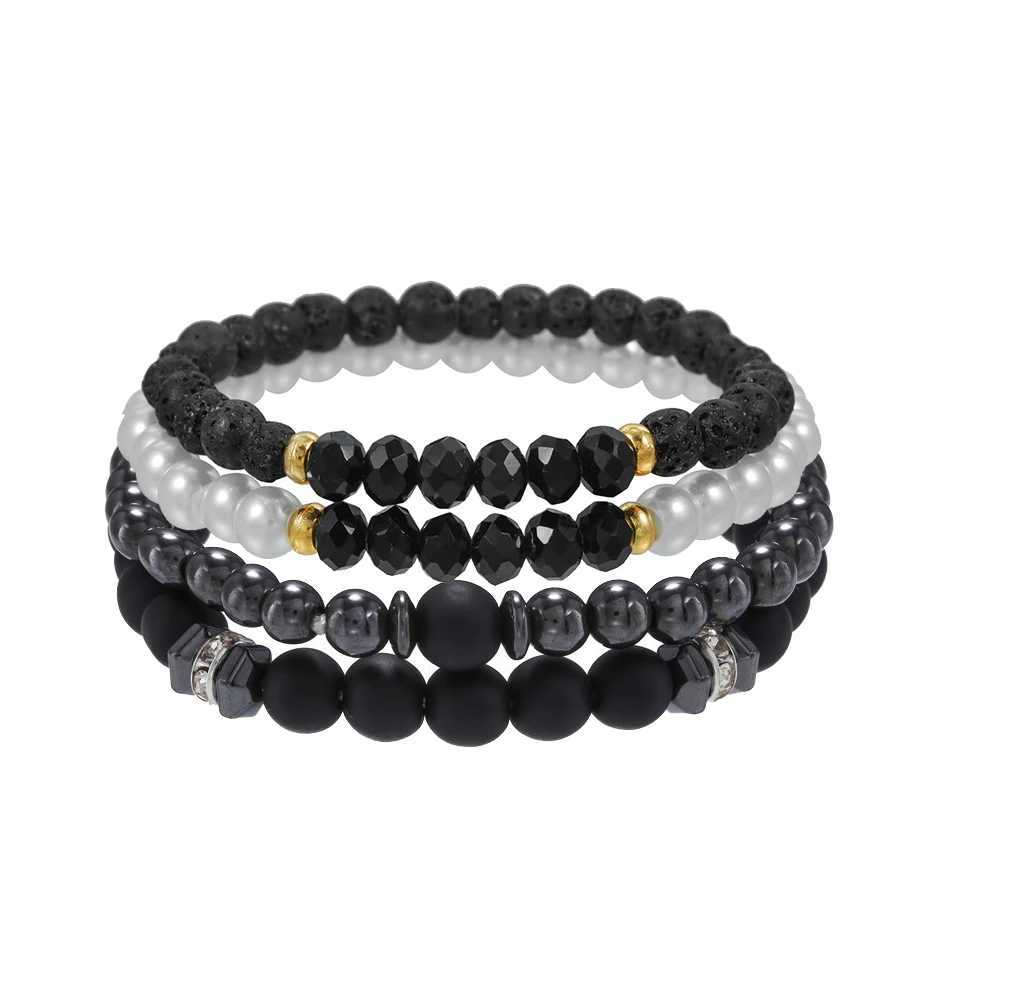 4Pcs/Set Black Gall Stone Volcanic Stone Wood Beads Multi-layer Mens Combination Elastic Bracelet For Couple Friends JewelryC250410