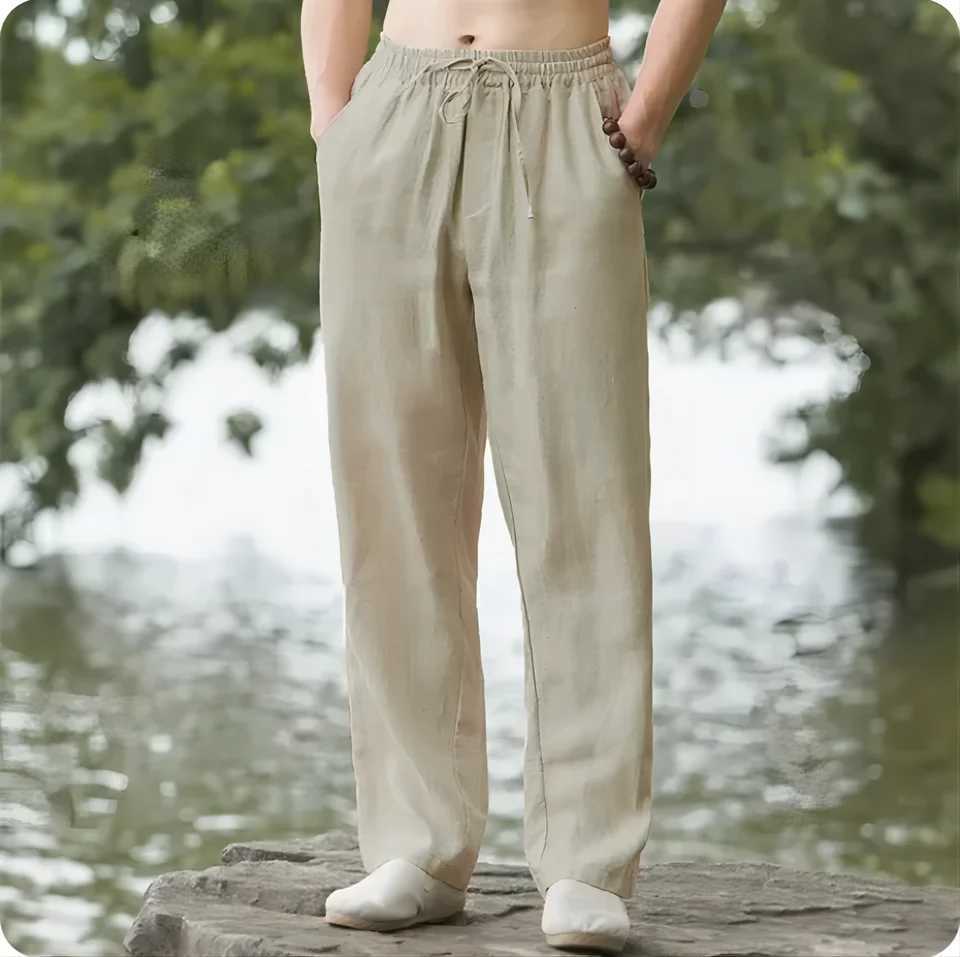 2025 New Mens Pants Jogger Sports Pants Street Clothing Breathable Solid Color Linen Pants Vacation Summer Loose PantsXJ250410