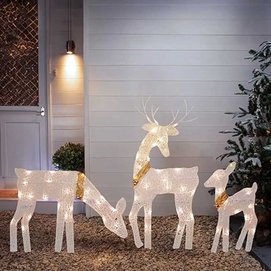 Christmas Christmas Outdoor Decoration 3Piece Lighted 2D Reindeer Family with 60 Lamps PreLit Light Up Deer Set Waterproof Y251111