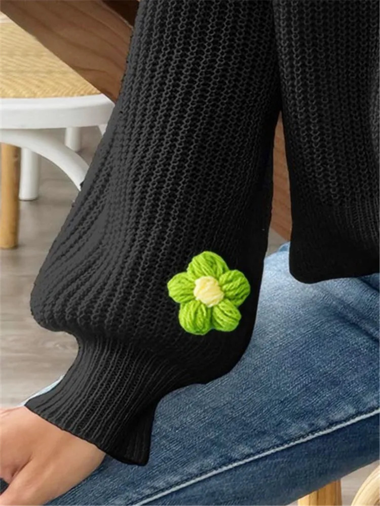 Fashion Knit Flower Sweater for Women Autumn Streetwear Black Lantern Full Sleeve Cardigan with Button Winter Outwear Top 2024 251107