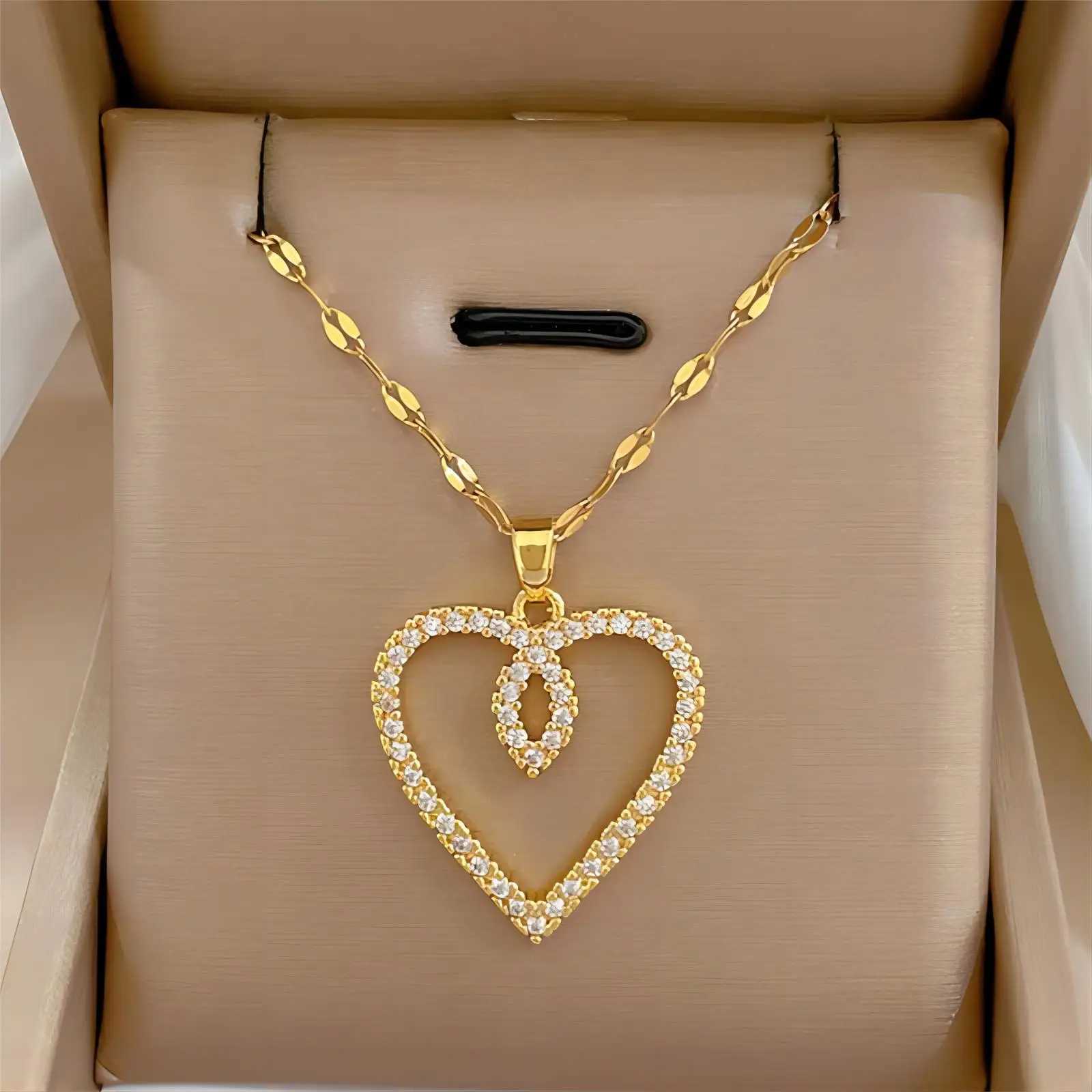 Trendy Heart Stainless Steel Zirconia Necklaces For Women Girls Love Gold Color Metal Necklace Party Birthday Daily JewelryC250411