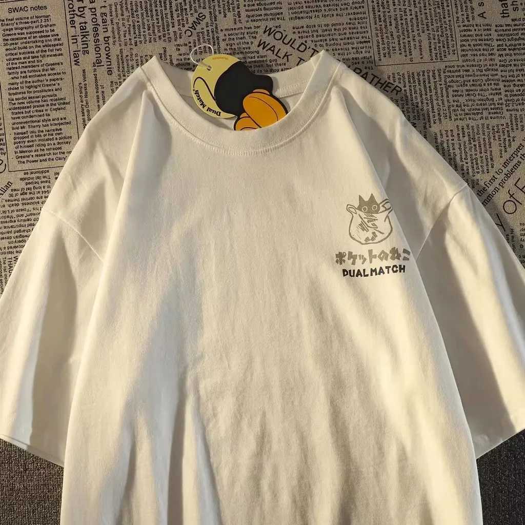 Summer Japanese retro pocket cat cartoon printed short sleeved T-shirt for couples unisex university style oversized top M250411