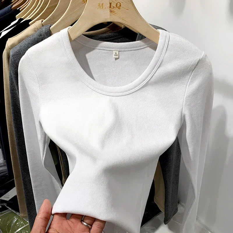 Spring 2025 sexy texture pit stripe ultrathin knitted long sleeved womens Tshirt Oneck top casual 250411Z