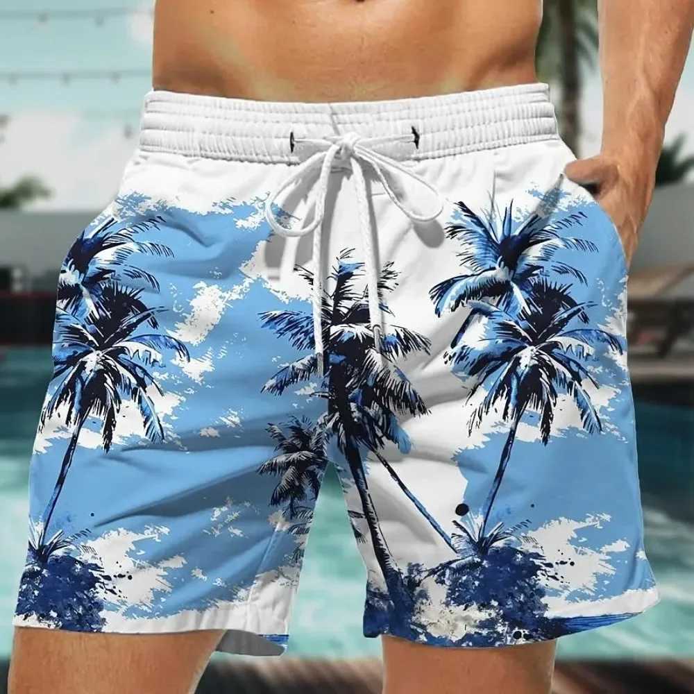2025 Summer Oversized Casual Mens Drawstring Shorts Quick Dry Hawaii Holiday Sports Swimming Trunks Coconut Tree Printed ShortsW250410