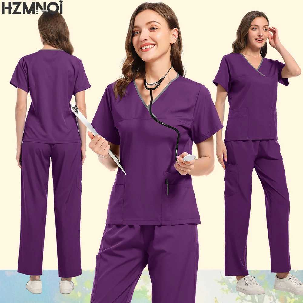 HZMNOI Doctor Scrubs Nursing Uniforms for Women Men Anesthetist Set Tops and Jogger Pants Thin Fabric Operating Room Workwear X250410