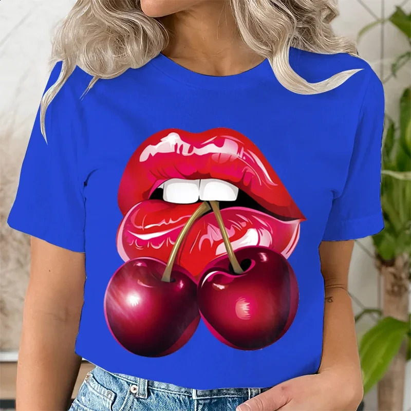 Summer Clothing LIPS CHERRY Print T-Shirts Short Sleeve Ladies Casual Women Fashion Graphic Tee T-shirts Female T Shirt Clothes 250410