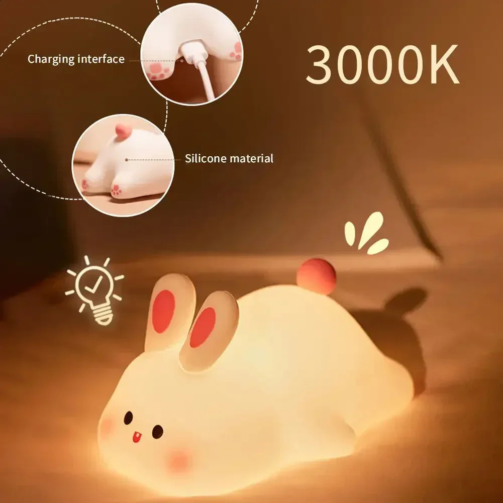 Cute Rabbit Silicone Night Lamp Touch Sensor Big Face Rabbit Pat Night Light Timing USB Rechargeable Light for Kids Gift 250410