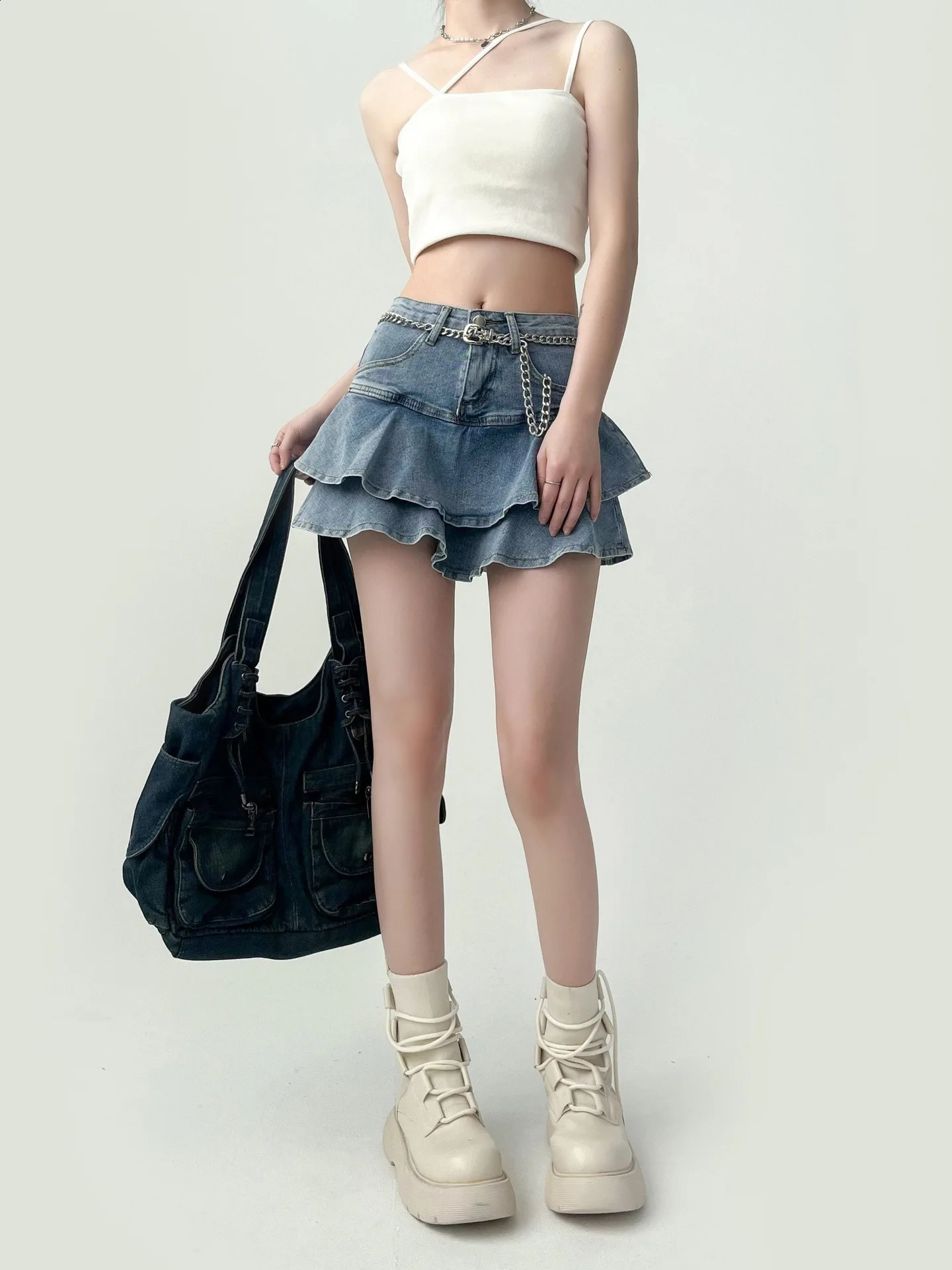 Spice Denim Leather Anti Slip Double Denim Leather Womens Elastic High Waist Weight Loss A-line Cake Leather 250408