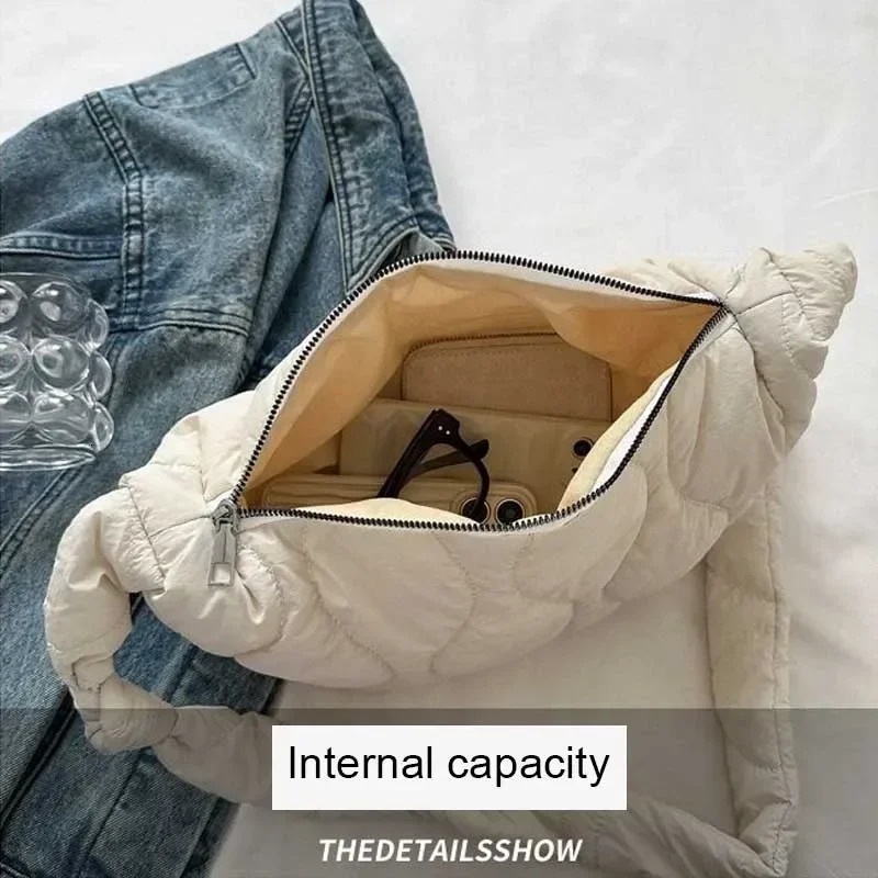 Puffer Shoulder Bag for Women Soft Down Cotton Padded Tote Handbag Purse Quilted Cross Body Solid Color Bubbles Cloud 251110