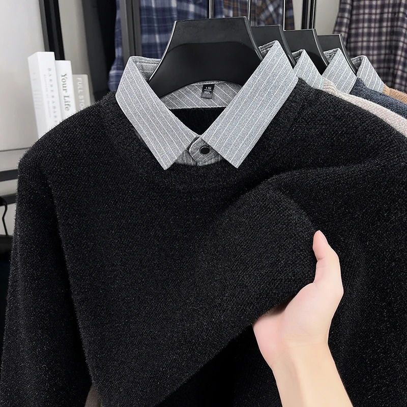 2025 Autumn and Winter Fashionable Mens Business Wear with A Lapel Lined Sweater An Inner Knitted Shirt 251104