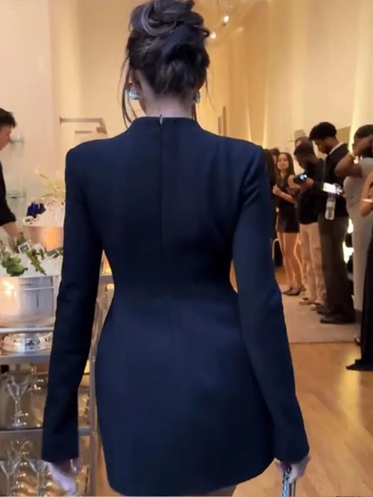 Black Hollow Out Mini A-line Dress Women Sexy Round Neck Long Sleeve Waist Cinching Dresses 2025 Lady Chic Party Club Robe 251107