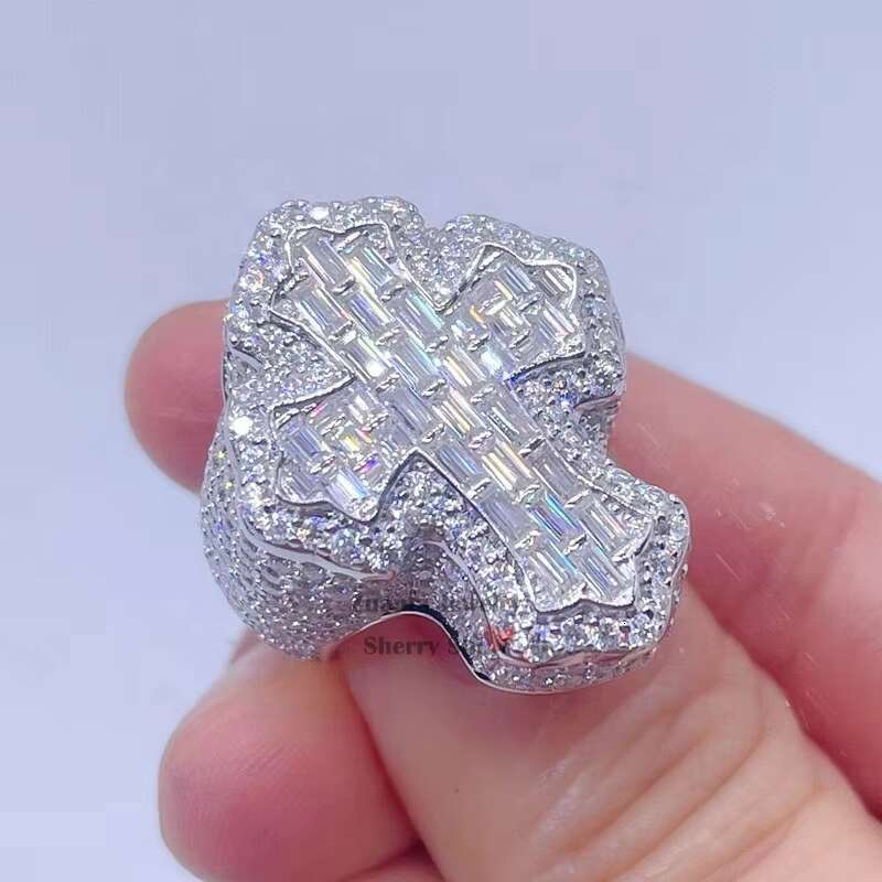 Solid Silver Christian Religious Men Hip Hop Iced Out Moissanite Diamond Cross Finger Ring