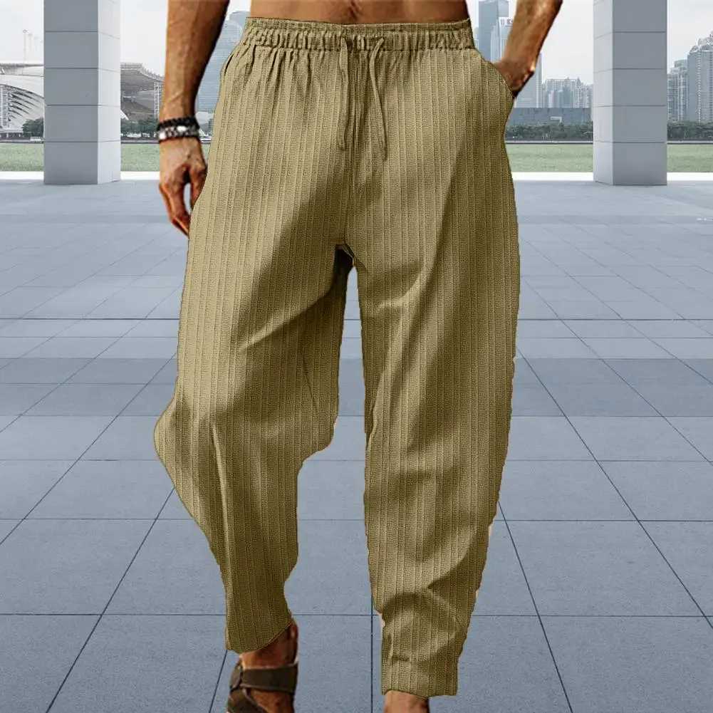Mens solid color brushed elastic waist leggings wide leg stripes deep crotch loose soft breathable sports pantsXJ250410