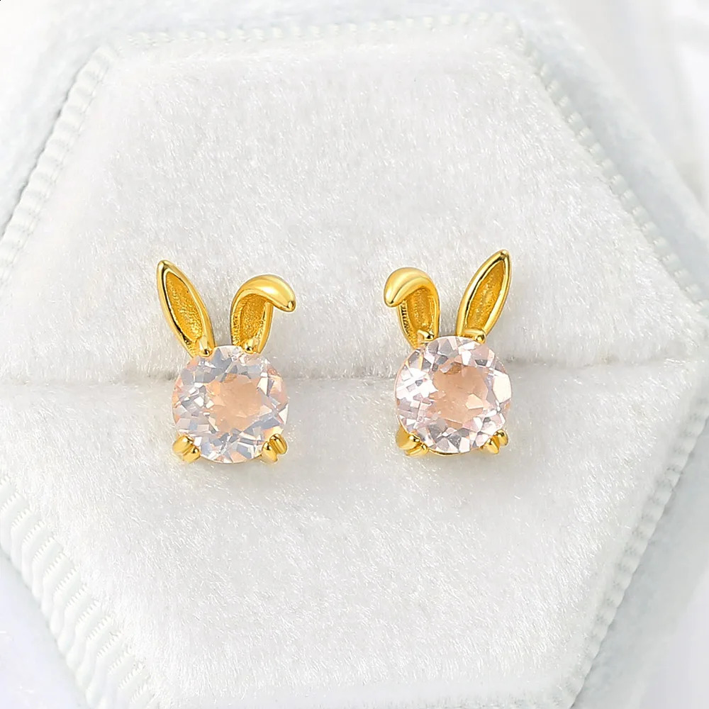 Vintage natural rose quartz cute rabbit S925 womens silver stud earrings 14K gold-plated exquisite jewelry earrings cute earrings 250409