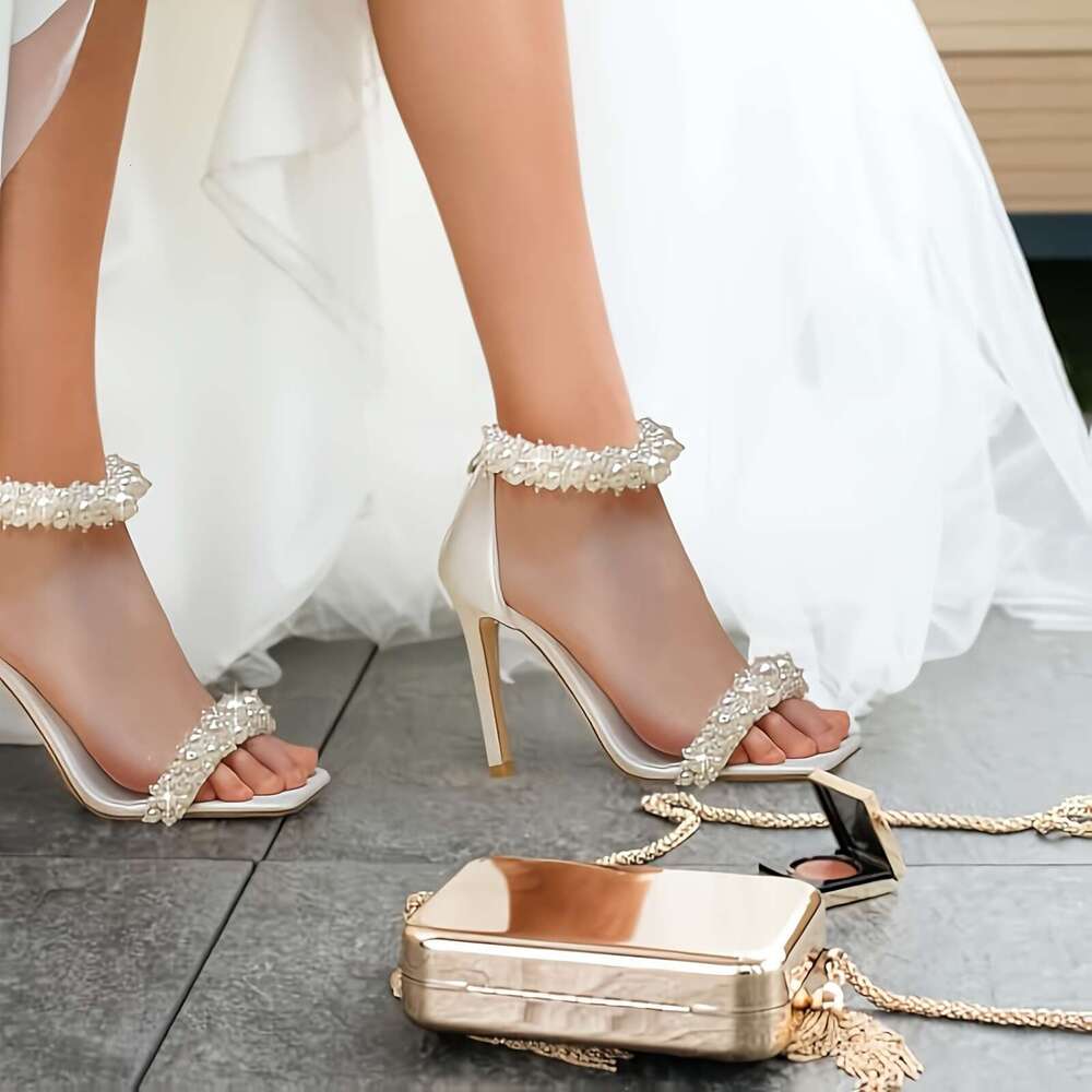 Women's Pearl Stiletto Sandals - Square Open Toe Design, Back Ankle Zipper, White Satin