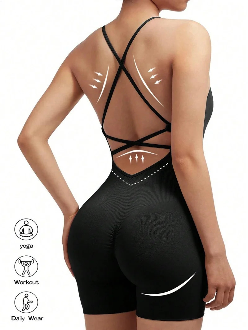 Sexy Fitness Jumpsuit Women Cross Adjustable Sports Playsuit Running One Piece Yoga Suit Scrunch Shorts Backless Set Romper 250410
