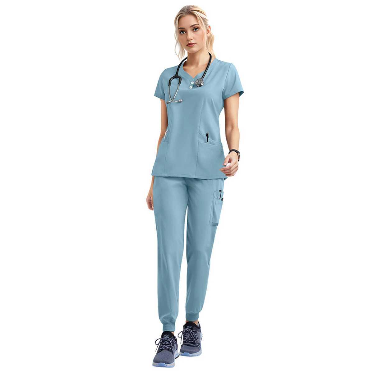 Womens and Mens Medical Uniform Scrubber Set Short Sleeve Top Elastic Waist Pocket Pants Set Beauty SPA Pet Clinic Nurse Work Clothes X250410