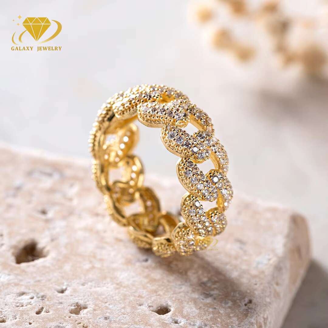 Wholesale Custom Iced Out Hip Hop Cuban Link Rings Mens 925 Sterling Silver Diamond Cuban Link Design Moissanite Ring