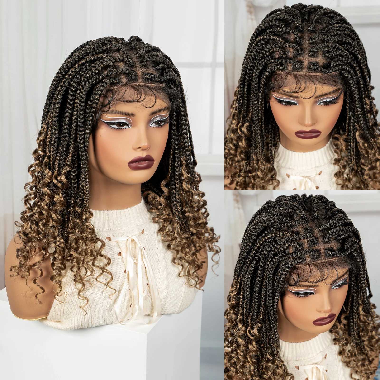 Ombre Knotless Box Braided Wigs with Curly Ends Synthetic Full Lace Braided Lace Wigs Short Boho Braided Bob Wig for Black WomenT251111