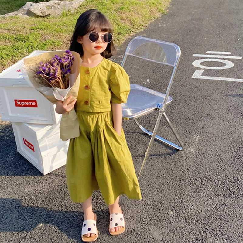 2022 Spring/Summer New Childrens Clothing Set Girls Fashion Set European and American High Waist Top Wide Leg PantsXJ250410