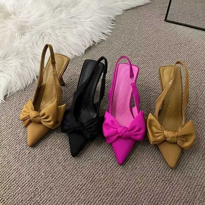 Womens shoes 2024 summer new bow womens suspender heel womens sexy dress thin toe womens high heelsXJ250410