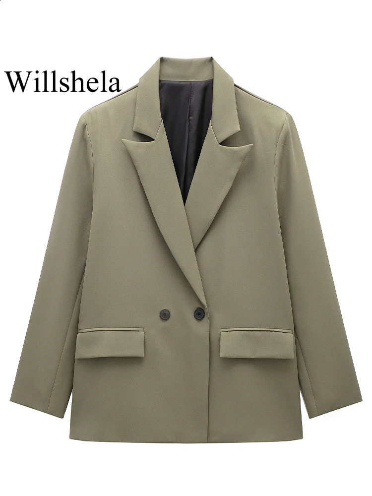 Willshela Womens Fashion Pocket Solid Double Chest Sweatshirt Retro Long Sleeve Notched Collar Office Wear 250407