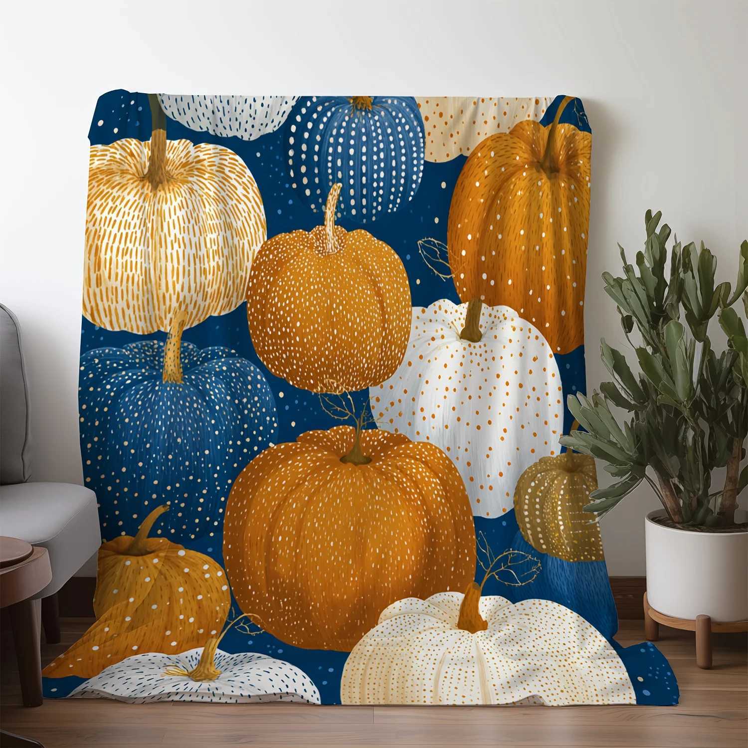 1pc Flannel Blanket with Multicolor Pumpkin Print - Soft Warm Cozy All-Season Throw for Couch Bed Travel Camping Autumn Fall De C251111